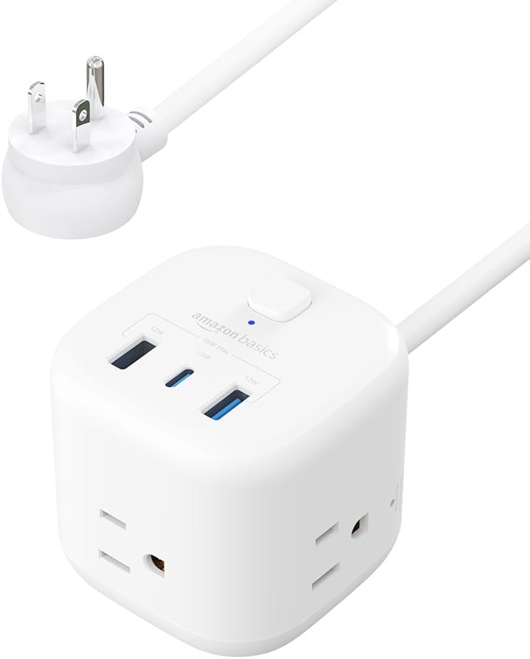 " 3 Outlet 3 USB Ports, 1 USB-C(15W) and 2 USB-A(12W), 5 ft Extension Cord, Home, Office, Travel, White "