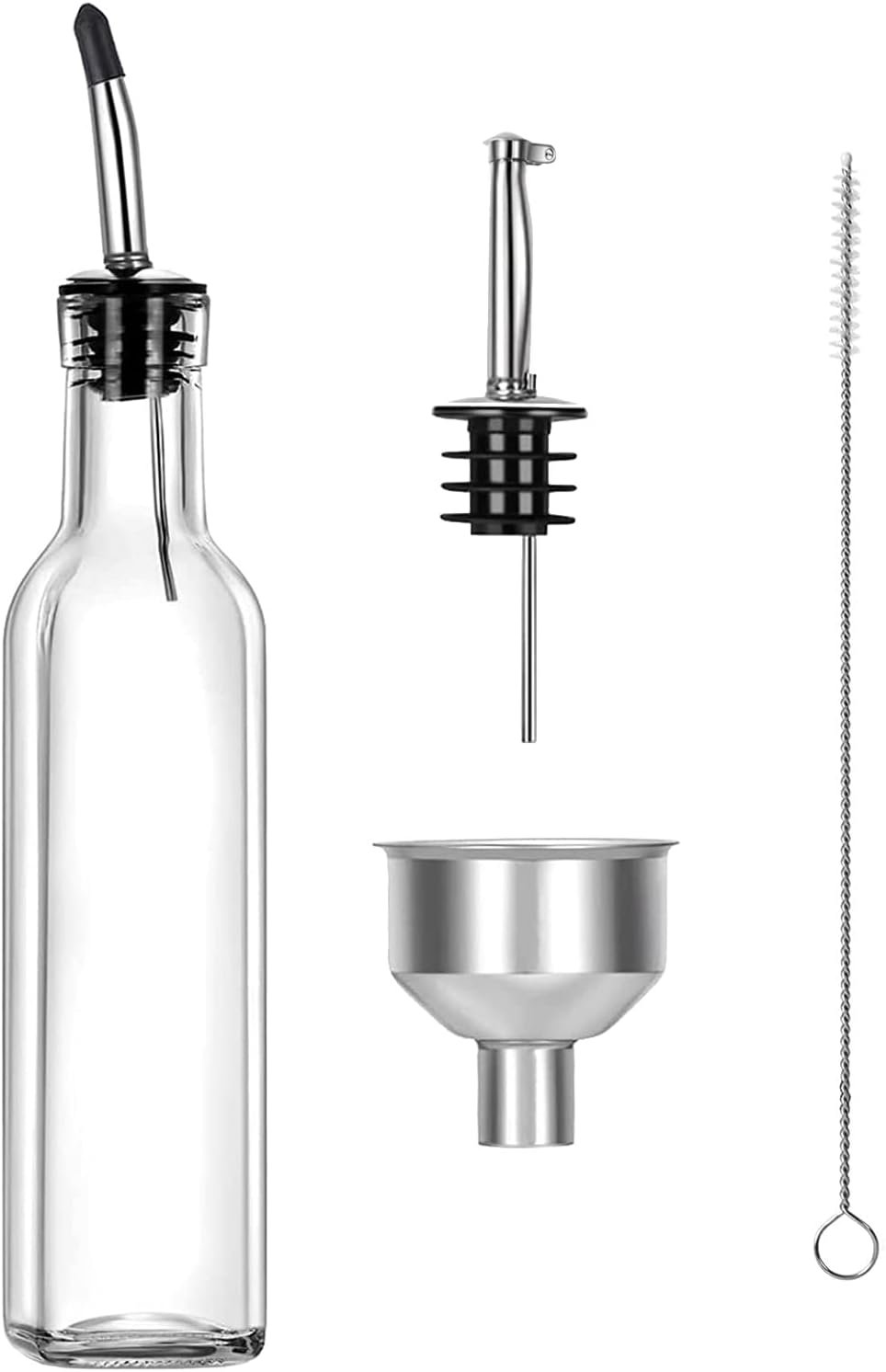 Oil Vinegar Cruet, Square Tall Glass Bottle W/Stainless Steel Pourer Spout & Stainless Steel Funnel SET OF 250 ML