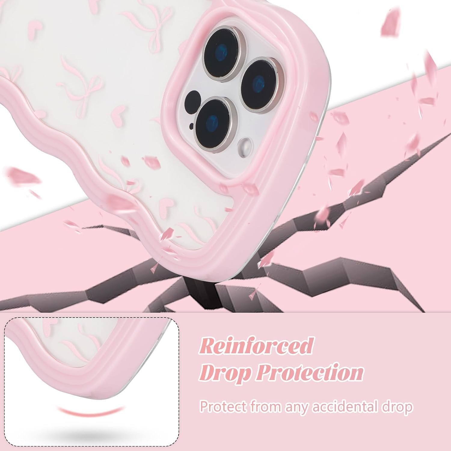 Cute Curly Wave Frame Shape Case with Heart Ribbon Bow Pattern, Clear Slim Shockproof Hard PC Bumper Phone Cover for Women Girls - 图片 2