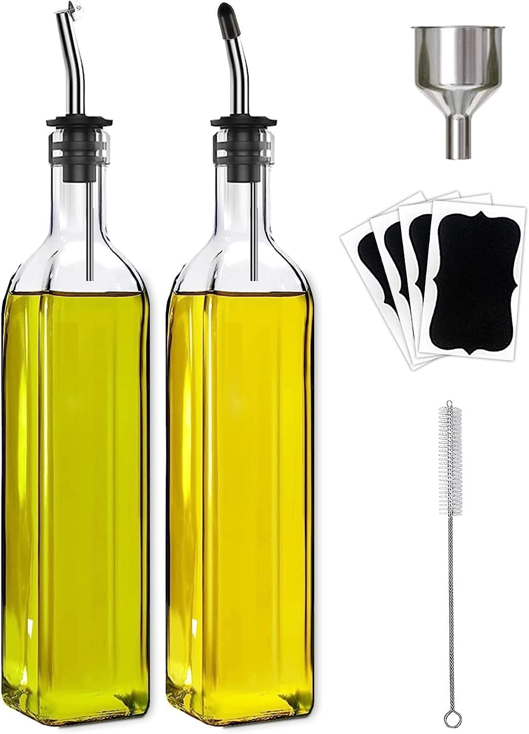 Olive Oil Dispenser Bottle, 2 Pcs Glass Olive Oil Dispenser and Vinegar Dispenser Set with 2 Stainless Steel Pourers, 4 Labels