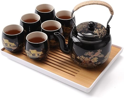 Tea Set, Black Porcelain Tea Set with 1 Teapot Set, 6 Tea Cups, 1 Tea Tray, 1 Stainless Infuser, Beautiful Asian Tea Sets for Adults, Tea Lover/Women/Men