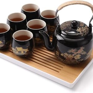  Tea Set, Black Porcelain Tea Set with 1 Teapot Set, 6 Tea Cups, 1 Tea Tray, 1 Stainless Infuser, Beautiful Asian Tea Sets for Adults, Tea Lover/Women/Men