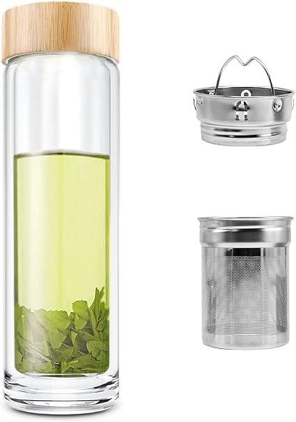 Borosilicate Glass, Double Wall, Infuser & Strainer, Bamboo Lid, 400ml