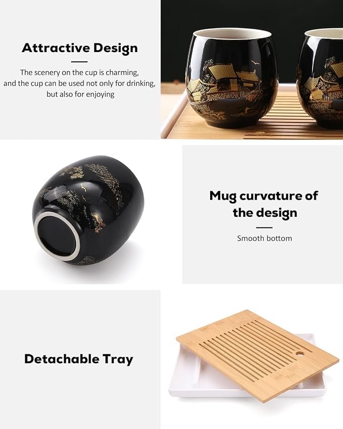 Tea Set, Black Porcelain Tea Set with 1 Teapot Set, 6 Tea Cups, 1 Tea Tray, 1 Stainless Infuser, Beautiful Asian Tea Sets for Adults, Tea Lover/Women/Men - 图片 3