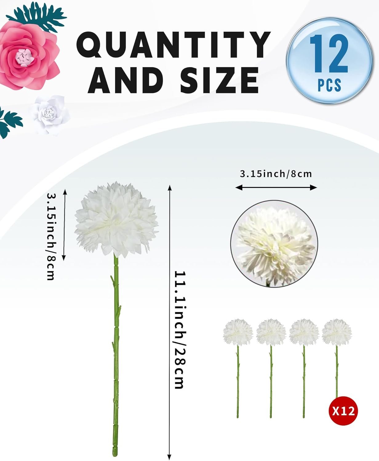 12 Pcs Artificial Chrysanthemum Flowers – White Fake Silk Mums Bouquet for Wedding, Indoor Floral Home Decor - 图片 3