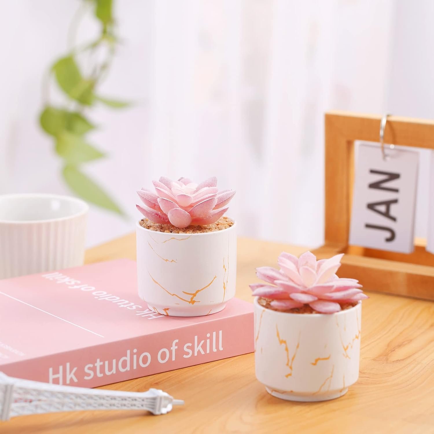 Artificial Plants and Succulents in 2 White Ceramic Pots,Small Fake Plants for Office and Desk Decor - 图片 3