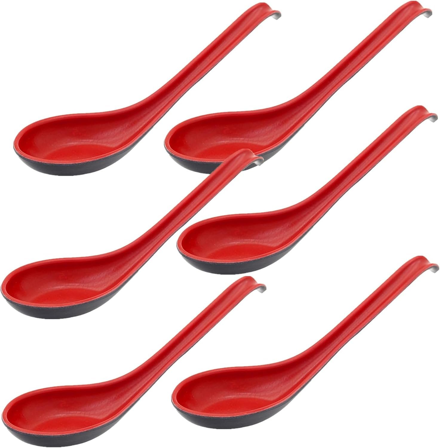 6Pcs Asian Soup Spoons Long Handle with Hook Red and Black