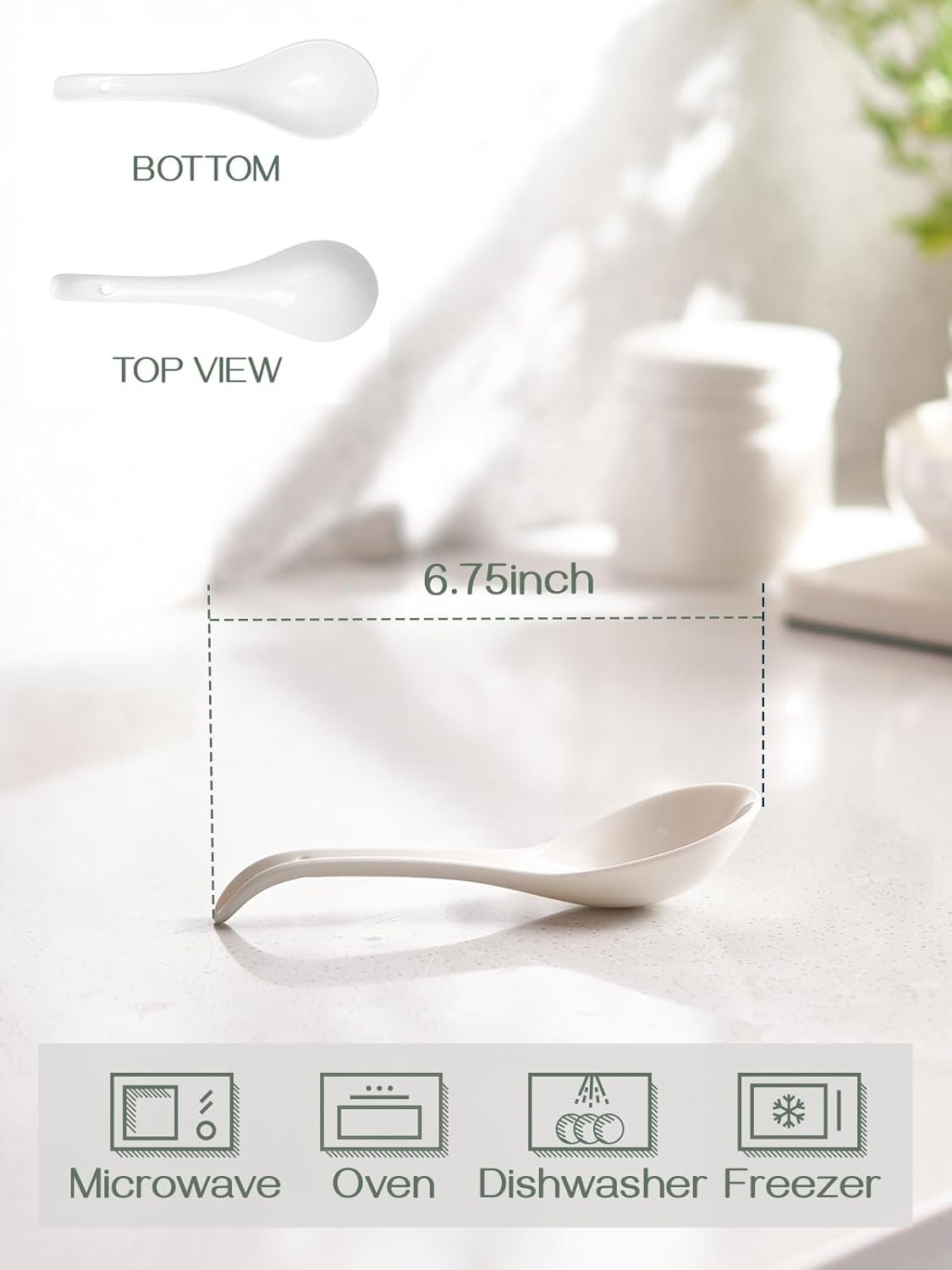 White Japanese Spoon Large for Ramen Pho Wonton Dumpling Miso, Deep Oval Hook Design - 图片 4