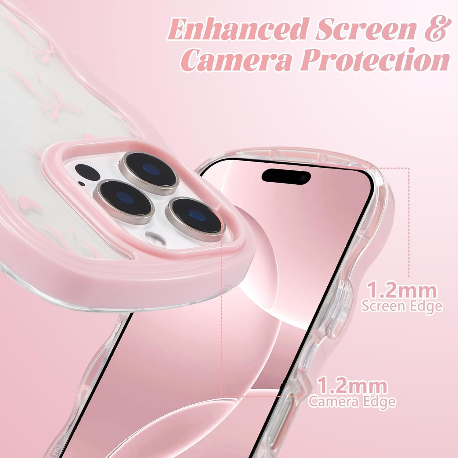 Cute Curly Wave Frame Shape Case with Heart Ribbon Bow Pattern, Clear Slim Shockproof Hard PC Bumper Phone Cover for Women Girls - 图片 4