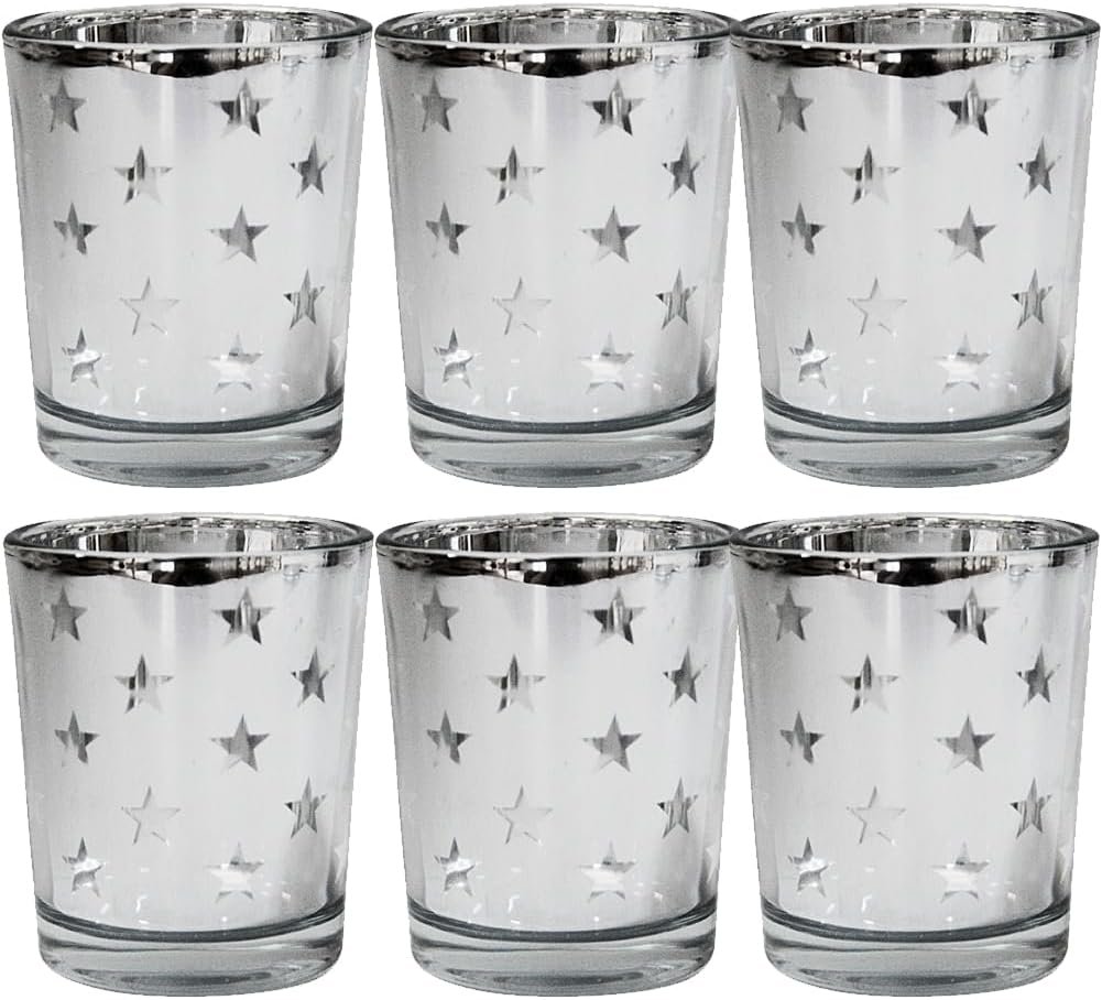 Star Design Silver Mercury Glass Tealight Candle Holders, Perfect for Home, Parties, and Wedding Décor