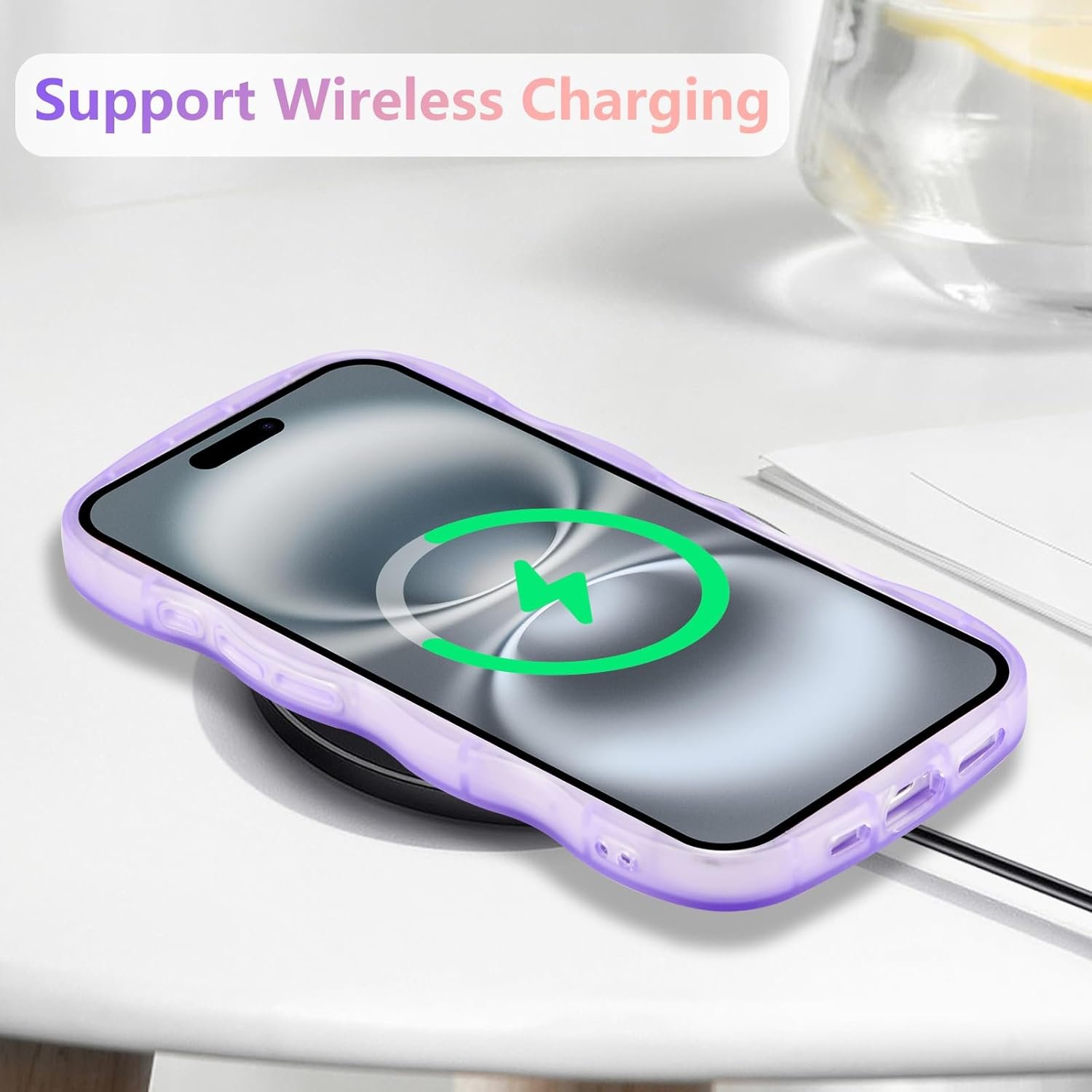 Cute Curly Wave Case with Star Glitter,Clear Shiny Bling Soft TPU Shockproof Phone Protecive Cover for Women Girls-Purple - 图片 4