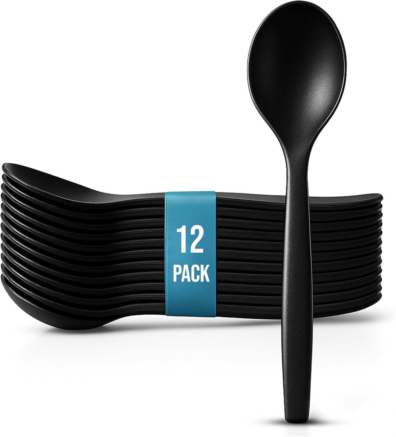 10" Black Plastic Serving Spoons for Buffet, Bulk 12 Count, Heavy Duty Disposable Spoon