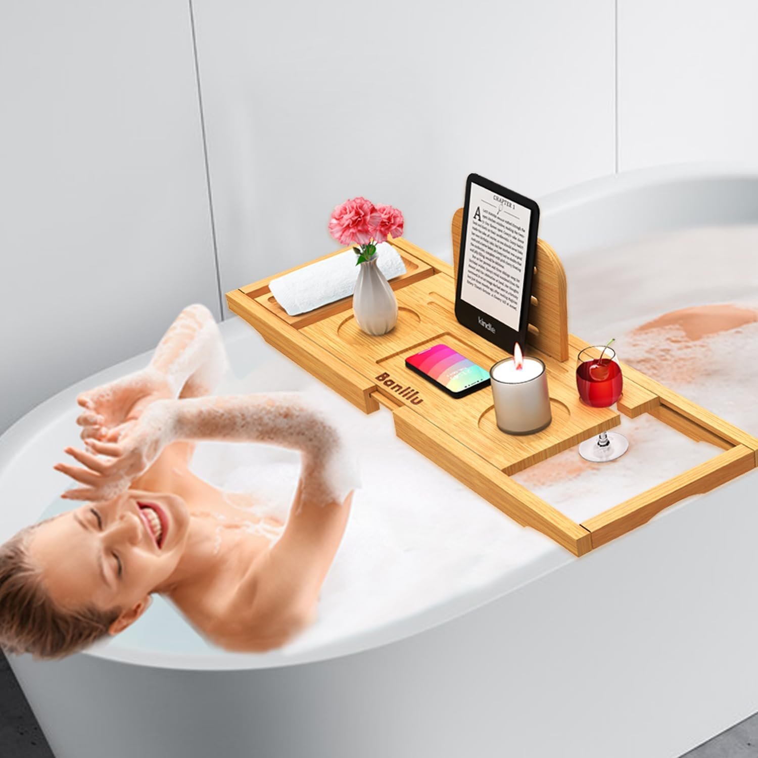 Premium Bamboo Bathtub Tray Caddy - Bath Tub Tray Table for Bathtub - Bath Caddy Tray for Bathtub, Expandable Size - 图片 4
