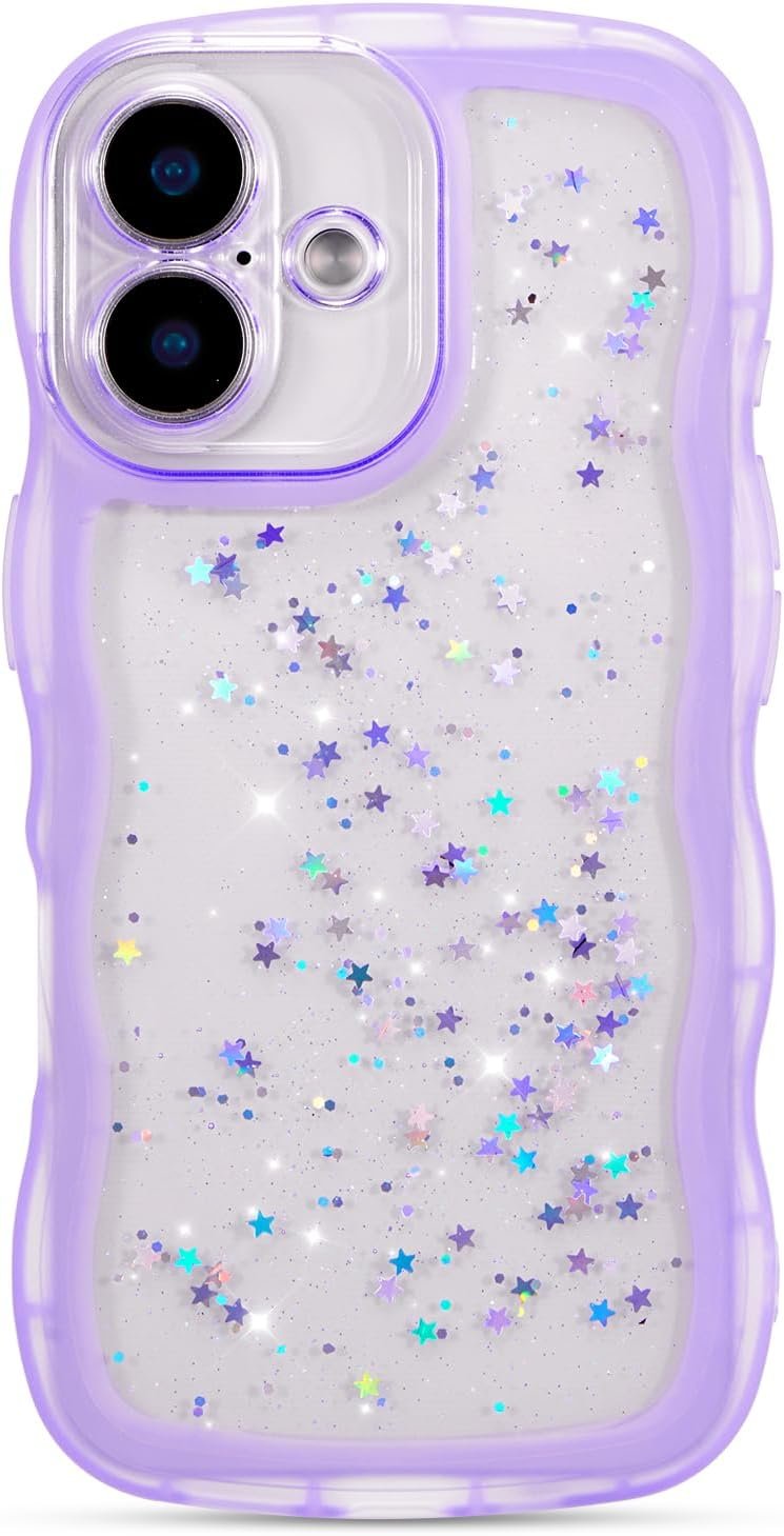 Cute Curly Wave Case with Star Glitter,Clear Shiny Bling Soft TPU Shockproof Phone Protecive Cover for Women Girls-Purple