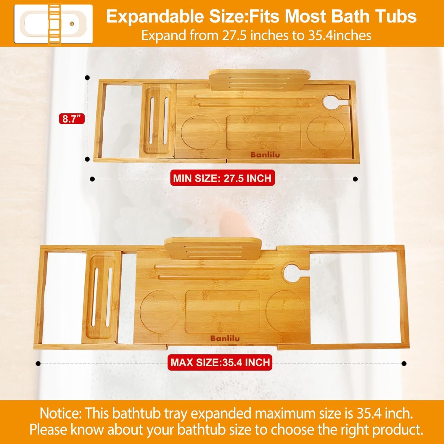Premium Bamboo Bathtub Tray Caddy - Bath Tub Tray Table for Bathtub - Bath Caddy Tray for Bathtub, Expandable Size - 图片 3