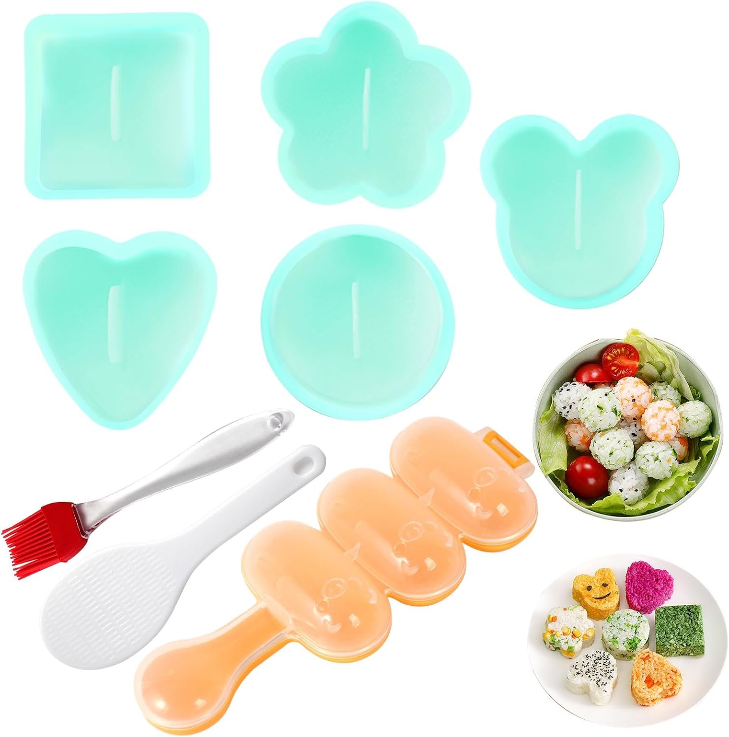Onigiri Maker, 8 Pcs Sushi Onigiri Musubi Maker Kit - Rice Ball Mold with Small Rice Paddle, Brush for Kitchen