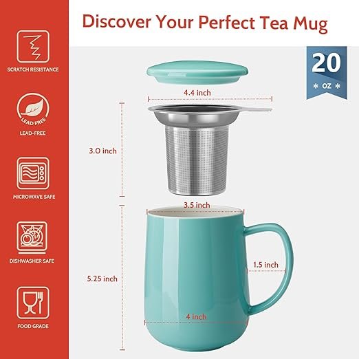 20 OZ Porcelain Tea Mug with Infuser and Lid, Loose Leaf Tea Cup, Gifts for Tea Lover - Mint Green - 图片 2