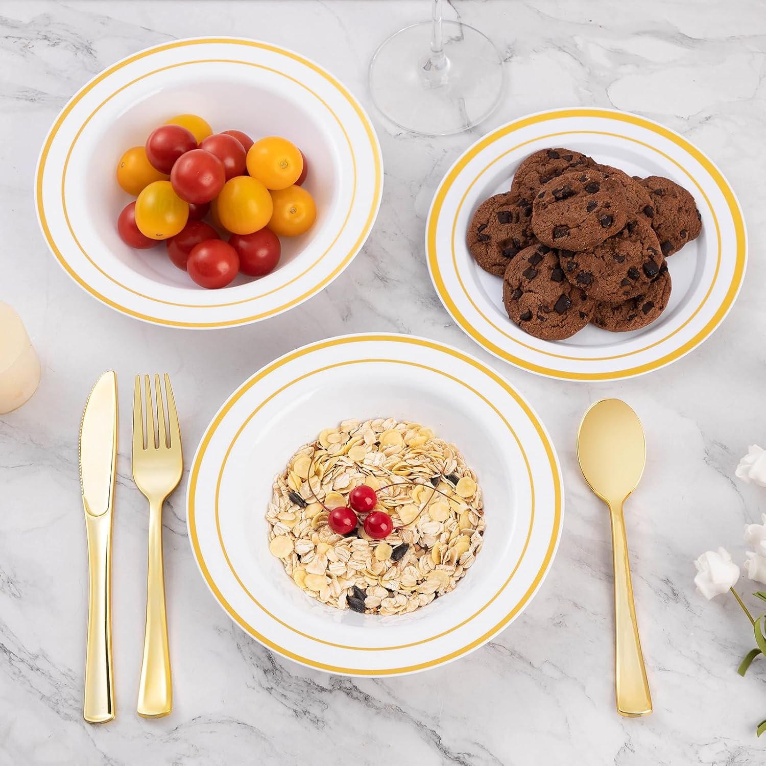 100 Pack Plastic Bowls with Gold Rim, 12oz Disposable Soup Bowls, Heavy Duty Dessert Bowls for Weddings - 图片 2