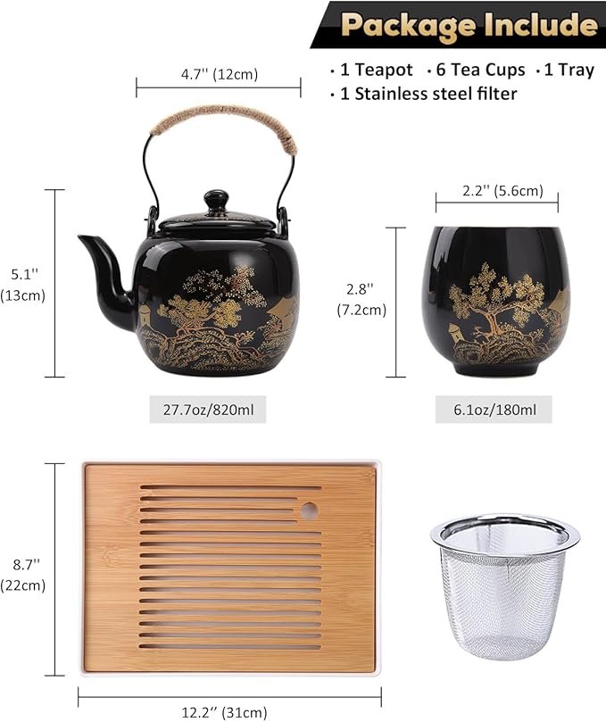 Tea Set, Black Porcelain Tea Set with 1 Teapot Set, 6 Tea Cups, 1 Tea Tray, 1 Stainless Infuser, Beautiful Asian Tea Sets for Adults, Tea Lover/Women/Men - 图片 2