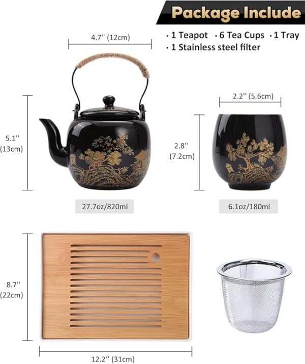  Tea Set, Black Porcelain Tea Set with 1 Teapot Set, 6 Tea Cups, 1 Tea Tray, 1 Stainless Infuser, Beautiful Asian Tea Sets for Adults, Tea Lover/Women/Men - 图片 3
