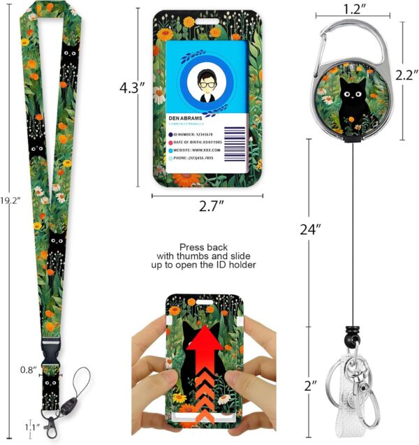 Black Cat Flower Lanyards for Id Badges, Id Badge Holder Heavy Duty and Retractable Keychain, Cute Badge Reel with 360 Degrees Rotate Carabiner Clip, - 图片 4