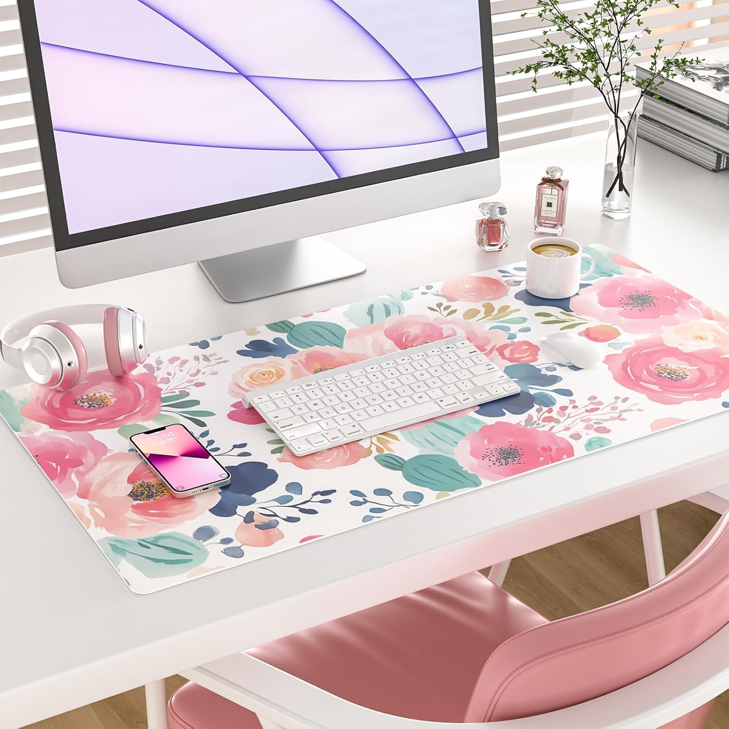 Colorful Star Large Mouse Pad, Pink Floral Desk Mat for Desktop - 图片 3