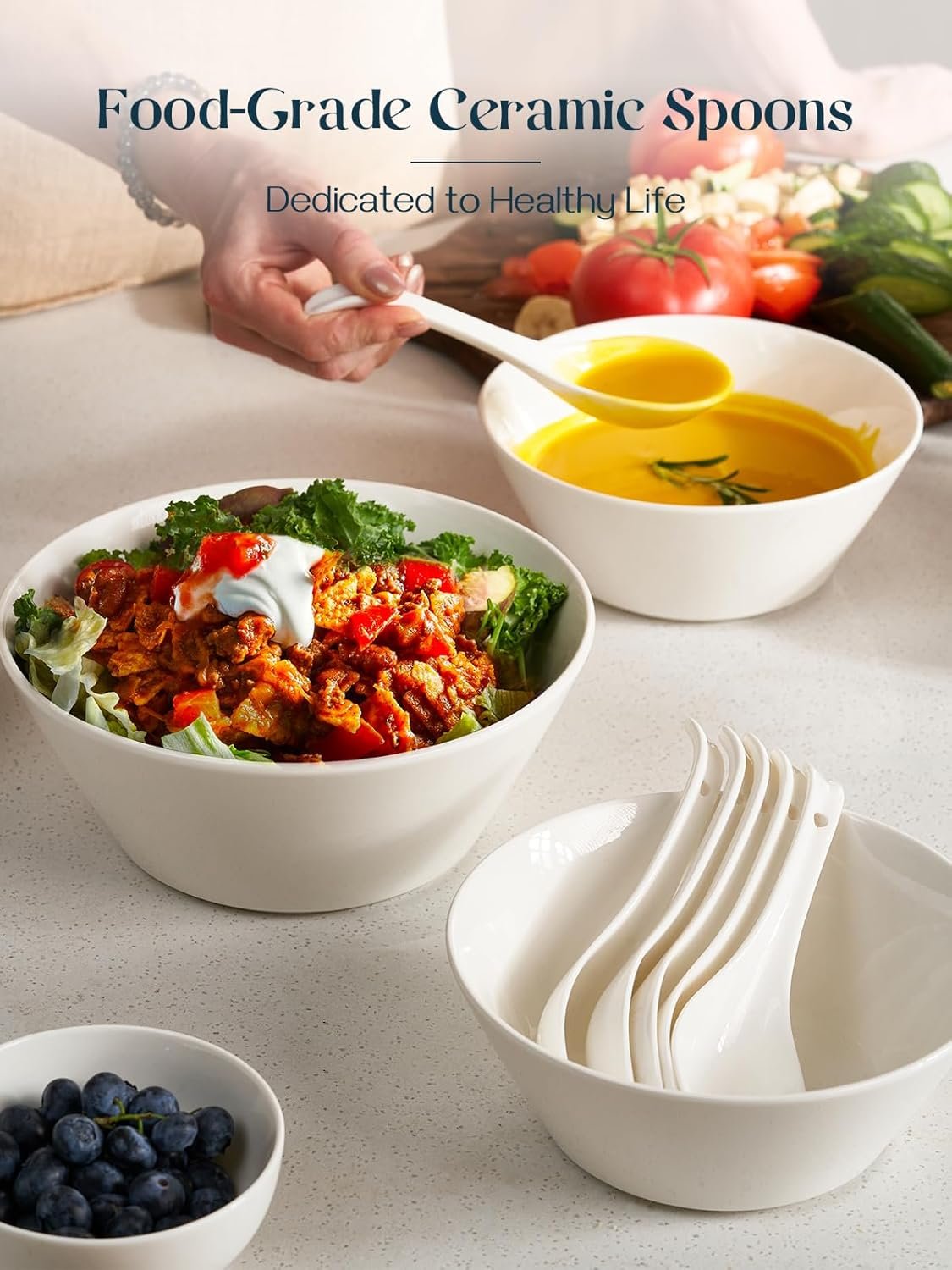 White Japanese Spoon Large for Ramen Pho Wonton Dumpling Miso, Deep Oval Hook Design - 图片 3