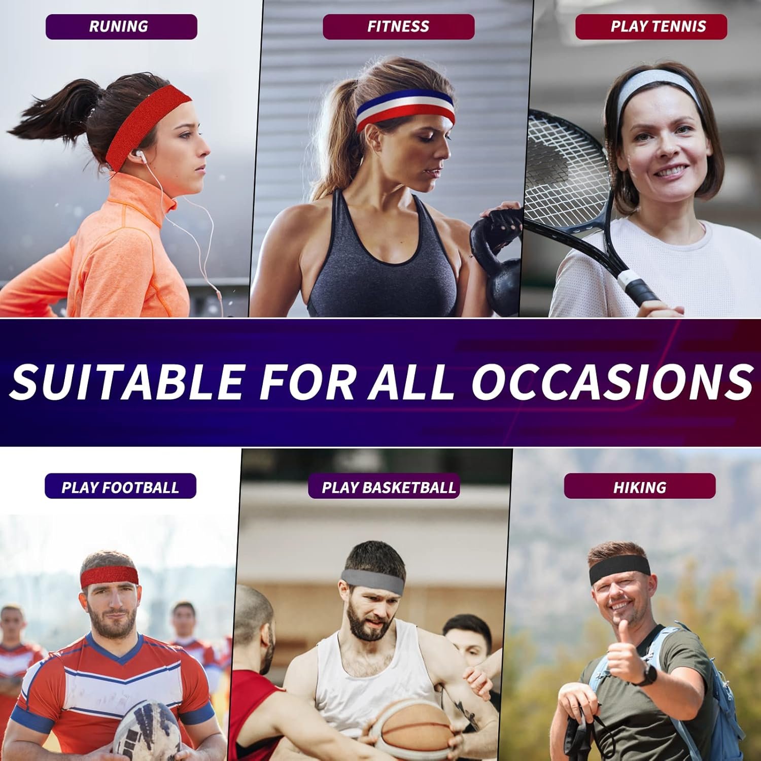 6PCS Moisture Wicking Headbands and Sweatbands for Men's Sports, Tennis, Basketball, Running - 图片 2