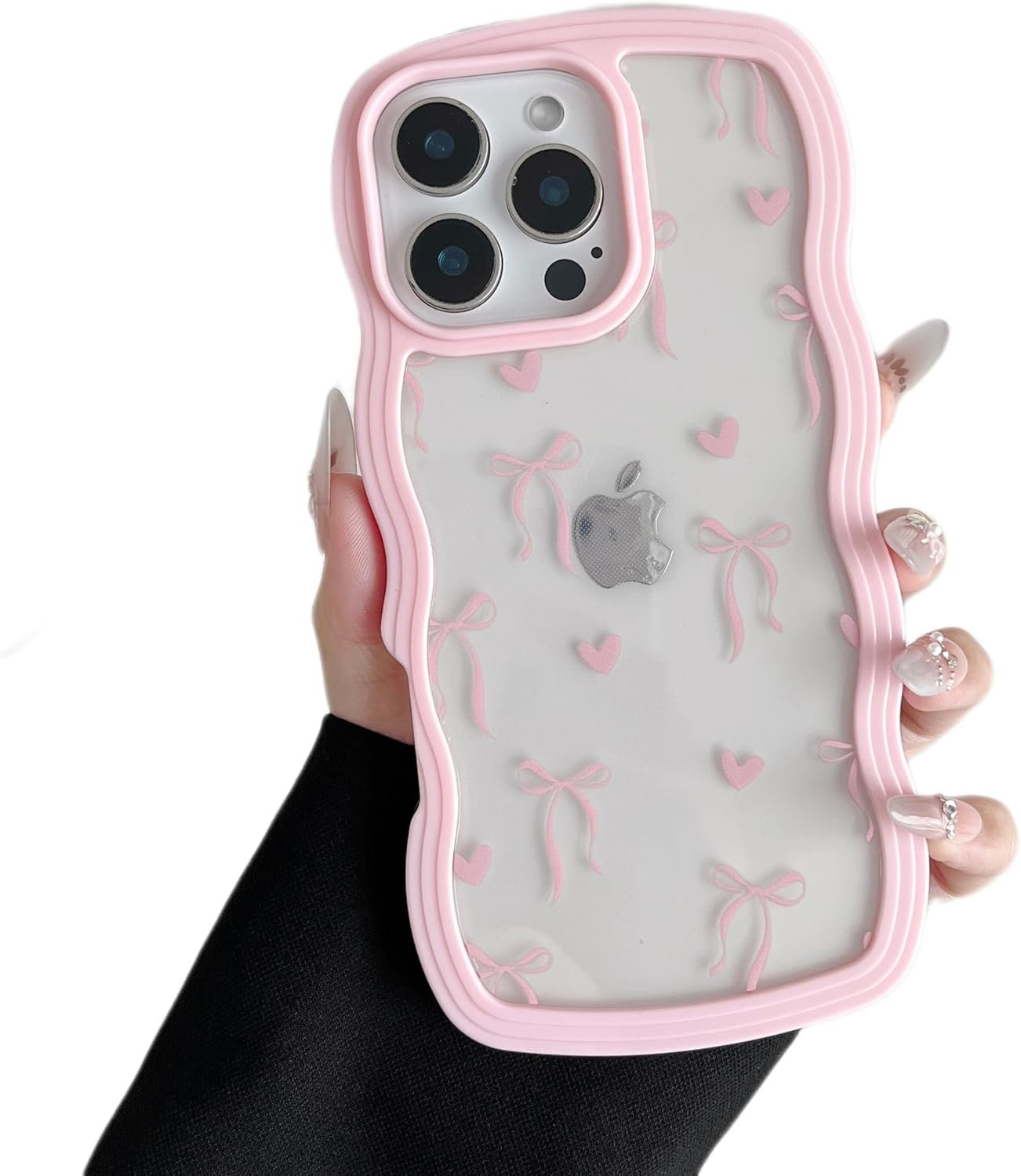 Cute Curly Wave Frame Shape Case with Heart Ribbon Bow Pattern, Clear Slim Shockproof Hard PC Bumper Phone Cover for Women Girls