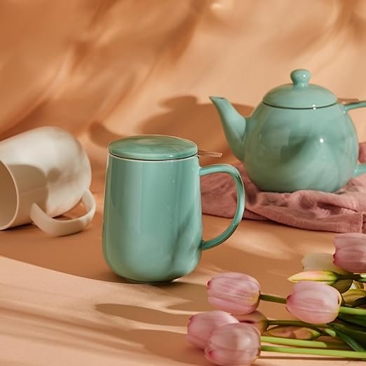 20 OZ Porcelain Tea Mug with Infuser and Lid, Loose Leaf Tea Cup, Gifts for Tea Lover - Mint Green - 图片 3
