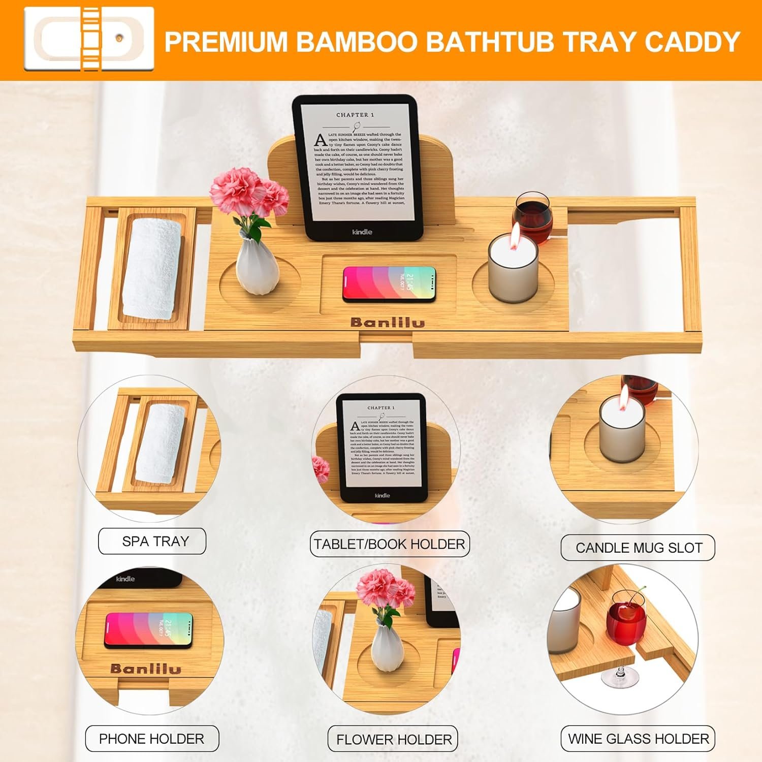 Premium Bamboo Bathtub Tray Caddy - Bath Tub Tray Table for Bathtub - Bath Caddy Tray for Bathtub, Expandable Size - 图片 2
