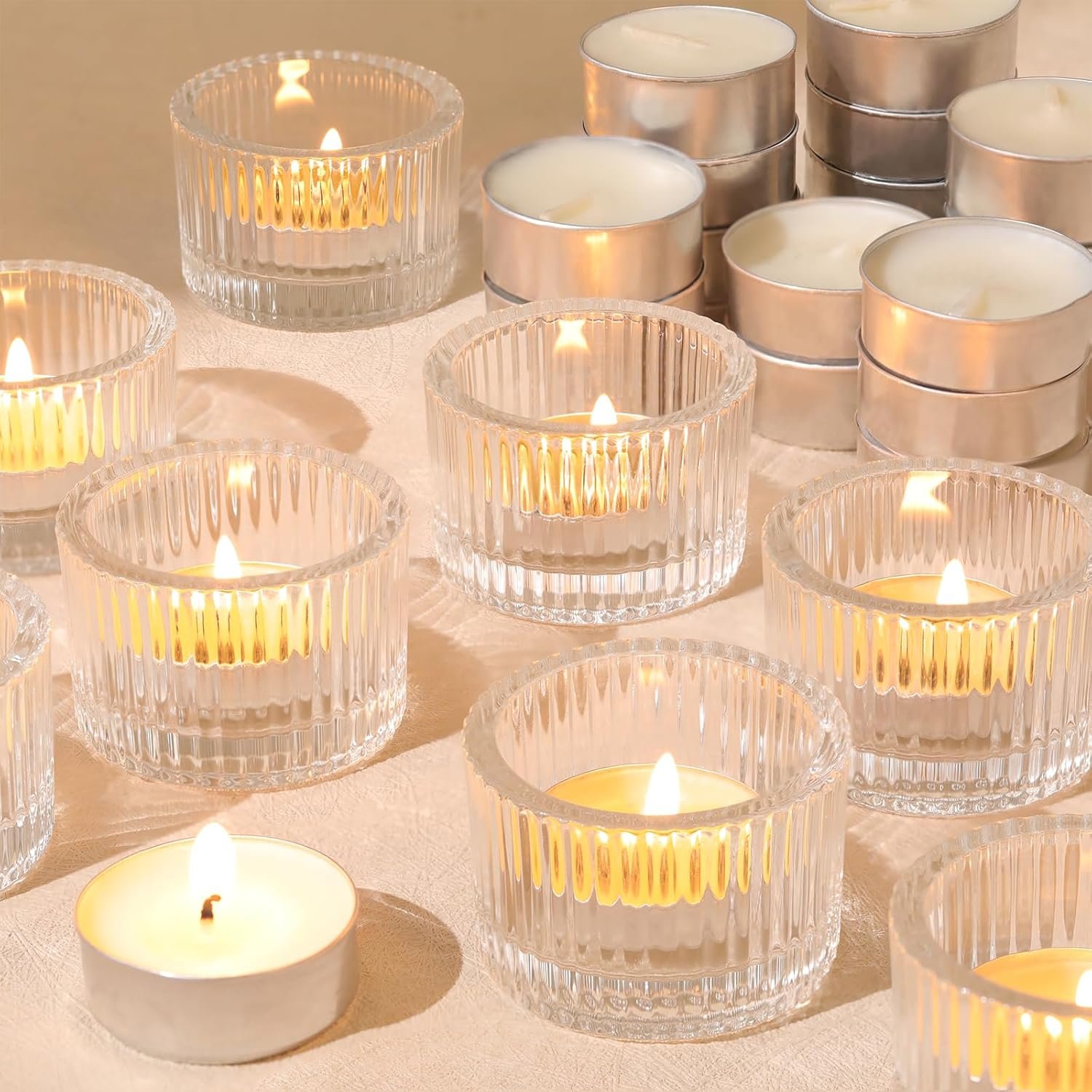 18 pcs Clear Tealight Candle Holders with 18PCS Tealights Candles, Glass Votive Candle Holders Set for Table Centerpiece