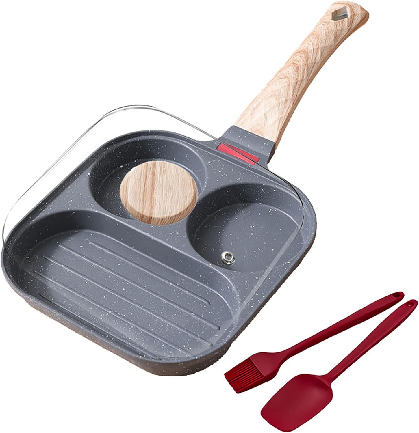 3-In-1 Divided Nonstick Egg Pan with Lid Breakfast Grill Pan Skillet Compatible with Gas Stove & Induction Cooktops