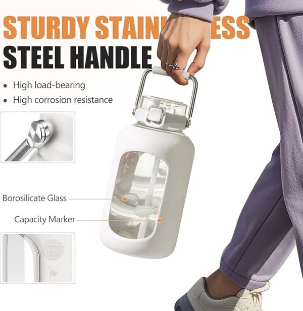 Large Glass Water Bottles with Stainless Steel Handle,100 oz Gallon Drinking Bottle with 2-in-1 Straw Lid,3 Liter Glass Water Jug with Silicone Sleeve - 图片 2