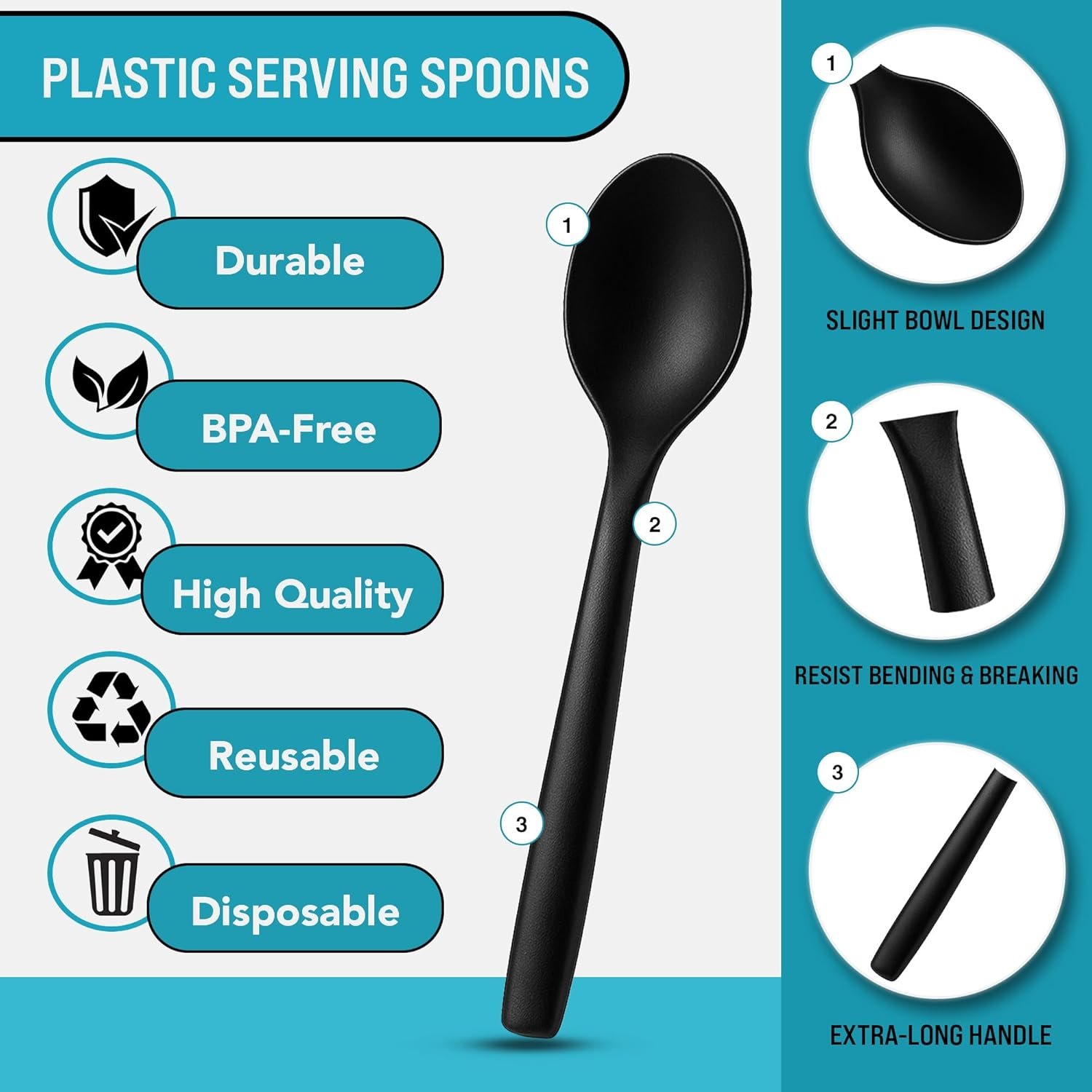 10" Black Plastic Serving Spoons for Buffet, Bulk 12 Count, Heavy Duty Disposable Spoon - 图片 2
