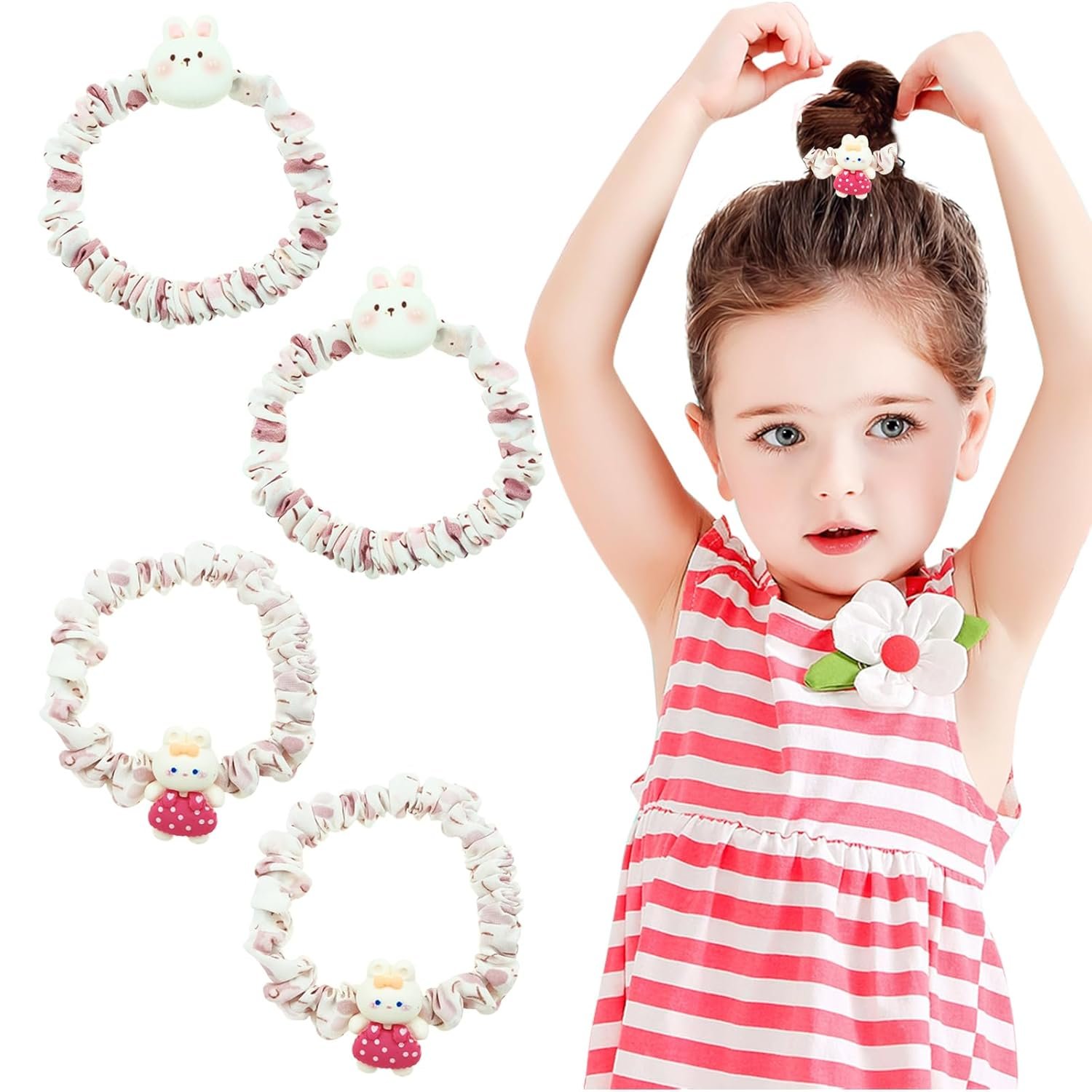 4PCS Cute Hair Ties Cartoon Bunny Hair Scrunchies for Women,Cute Ponytail Holder for Thick Hair