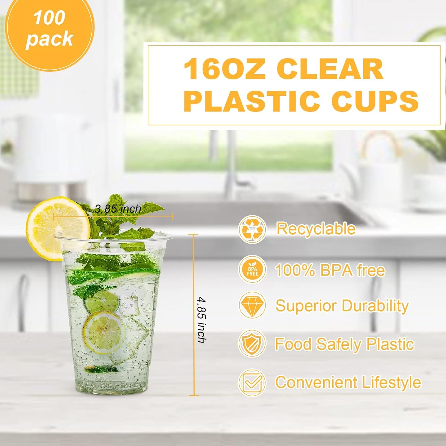 100 Count - 16 Ounce Plastic Cups, Ice Coffee Cups To Go - Crystal Clear PET Party Cups - 图片 2
