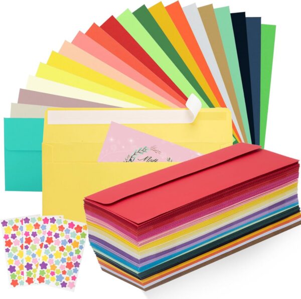 200 PCS Colorful Envelopes, #10 Business Mailing Envelopes Self Seal Square Flap for Letter, Invitations, Office, Size 4 1/8 X 9 陆 Inch
