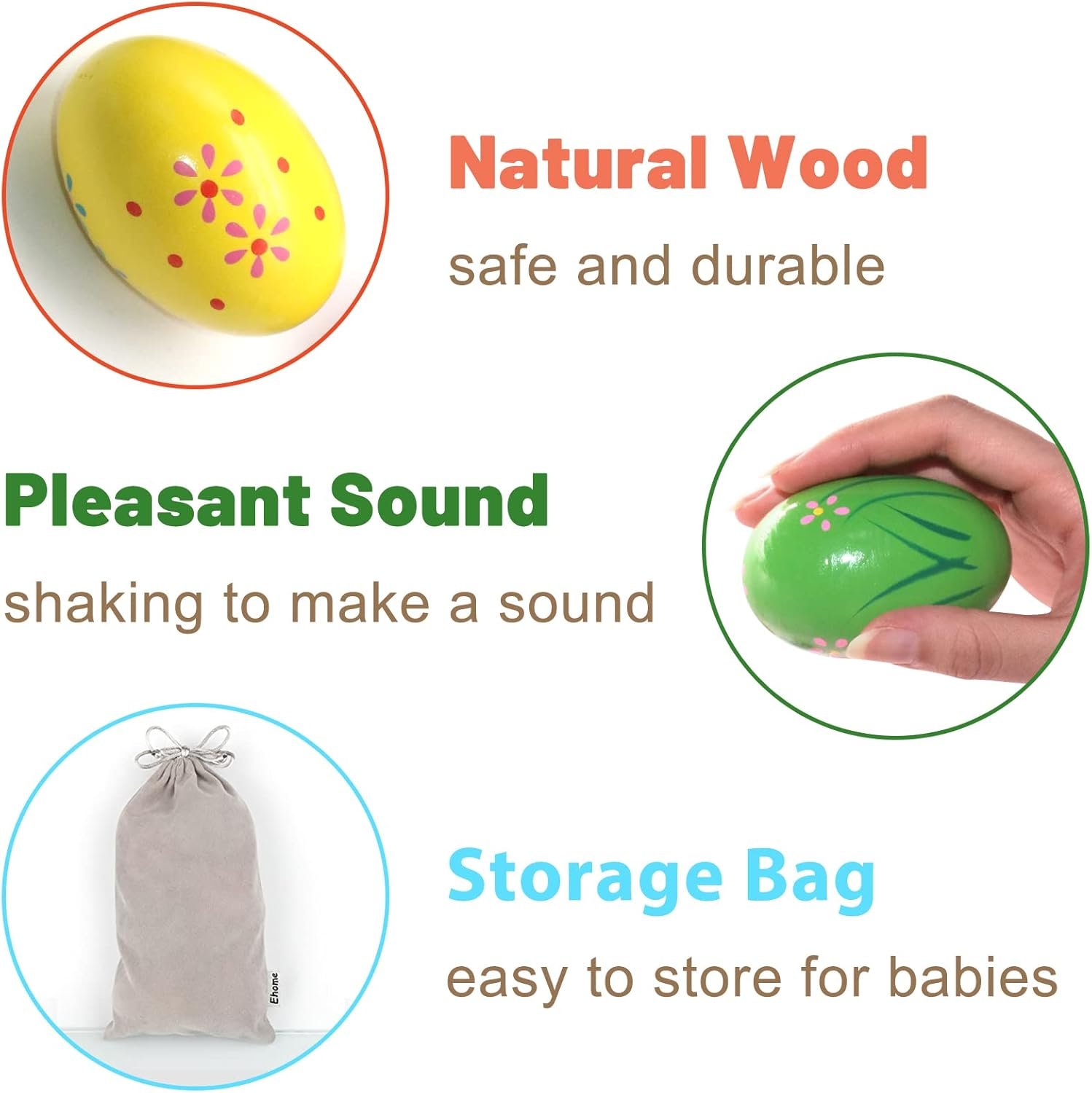Wooden Egg Shakers, 6Pcs Hand Musical Maracas Percussion Instruments Musical Shake for Toddler, Egg Fillers, Montessori Maracas for Kids Baby with Storage Bag - 图片 2