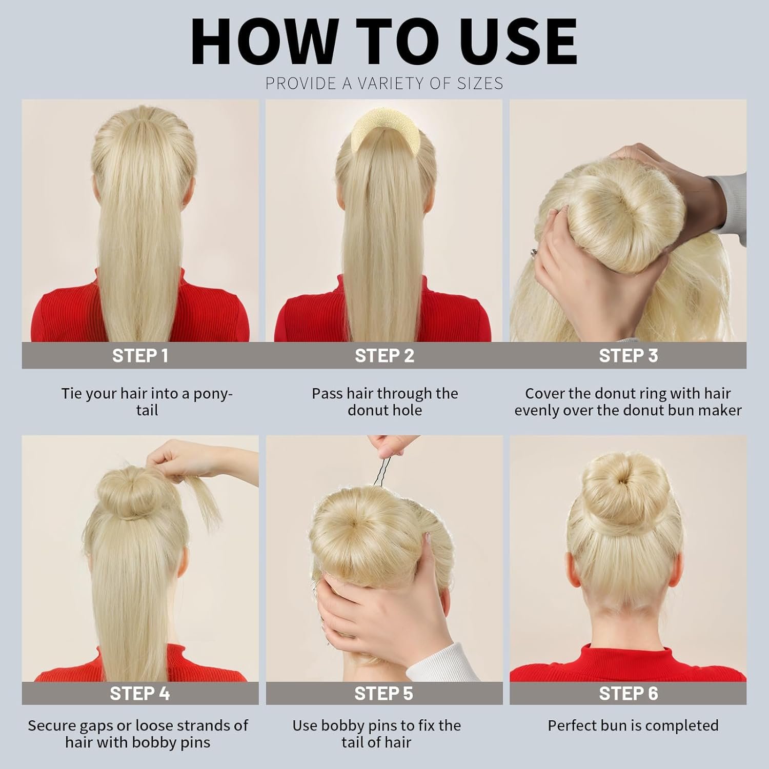 Hair Bun Shaper Set with Large, Medium, Small Hair Donuts For Buns, Hair Accessories For Girls, 5 Elastic Bands, Beige " - 图片 2