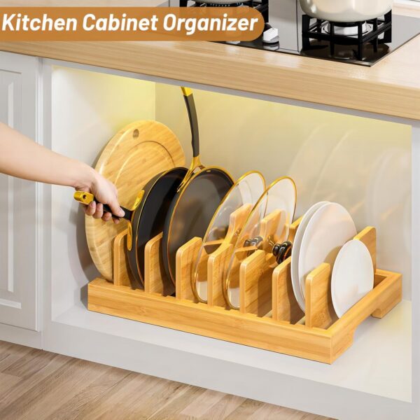 Bamboo Pot and Pan Organizer, Pot Lid Organizer Holder Rack for Countertop Drawer - 图片 4