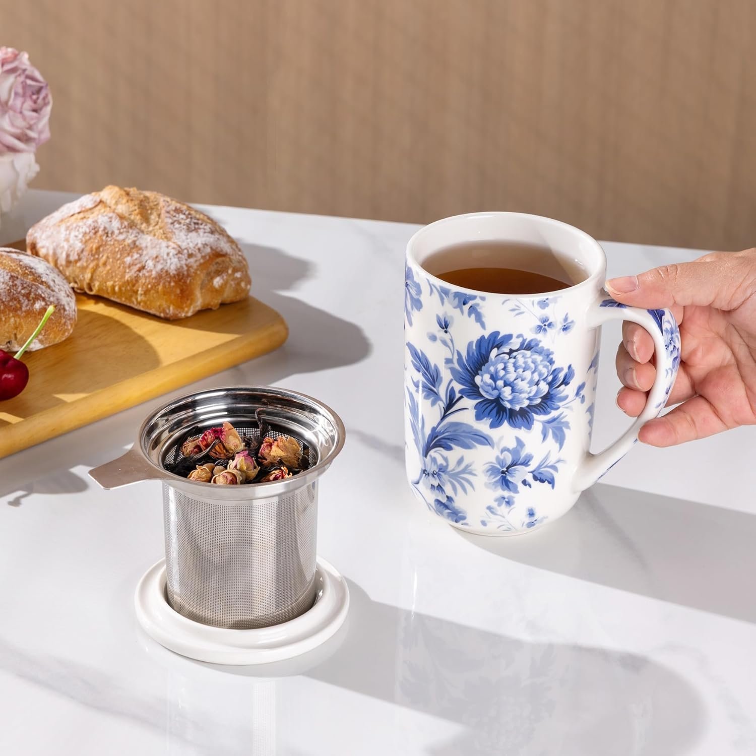 Tea Mug with Infuser and Lids, 18 Oz Coffee Cup Strainer with Bag Holder for Loose Leaf Tea, Steeping Coffee Mug for House-warming Wedding Birthday Gift - 图片 5