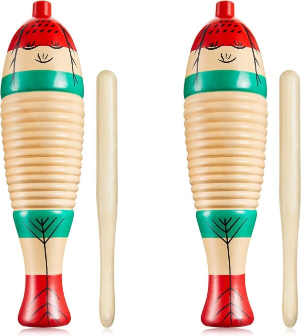 2 Pieces Colorful Fish Shaped Guiro Instrument Latin Percussion Musical Wooden Frog Instrument Musical Percussion for Adults Kids with Rhythm Sticks