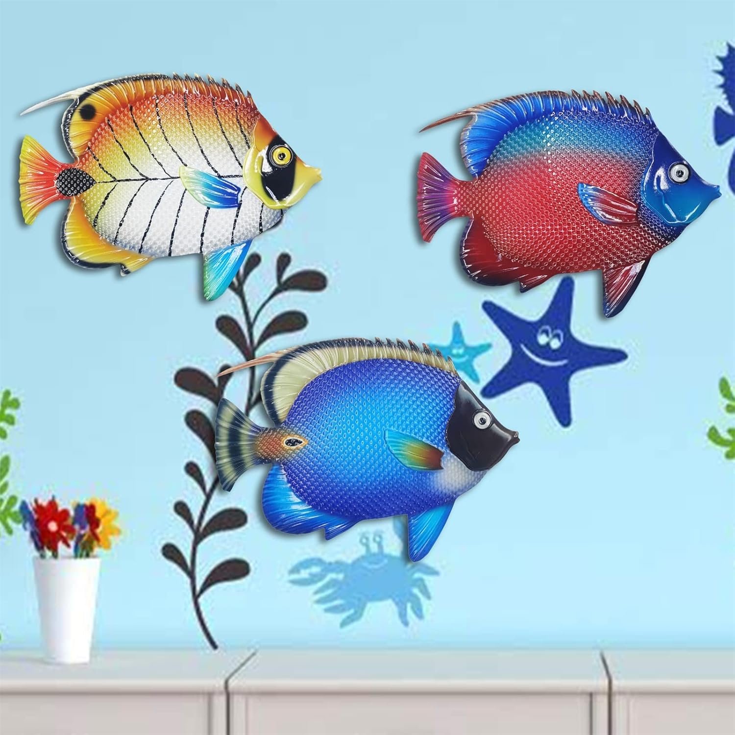 Metal Fish Sea Wall Decor Outdoor Garden Hanging Art Sculptures Home Ocean Theme Decorations for Kitchen - 图片 3