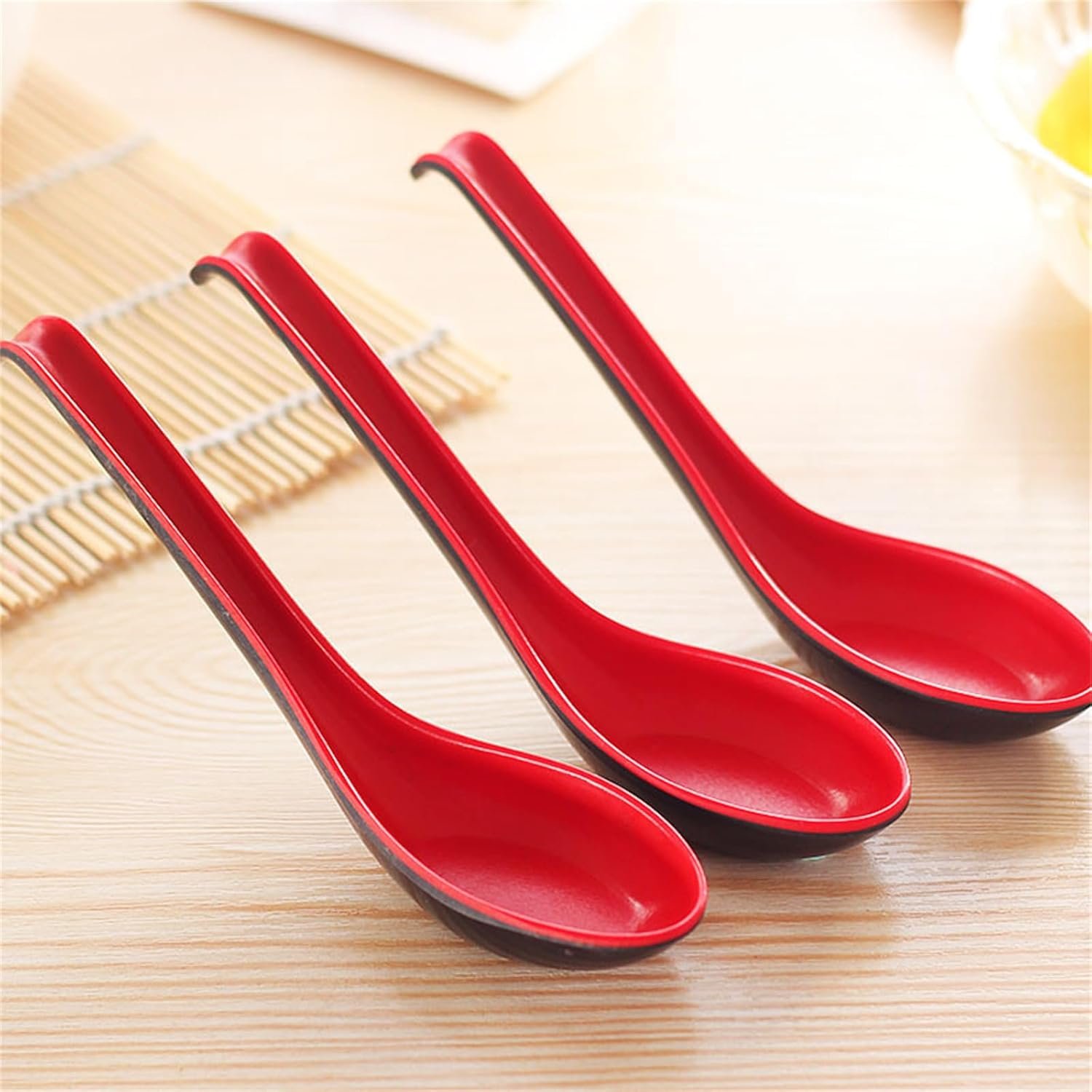 6Pcs Asian Soup Spoons Long Handle with Hook Red and Black - 图片 3