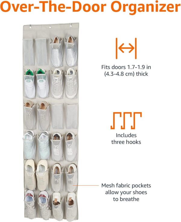 24 Medium Pocket Over-the-Door Hanging Shoe Organizer, Light Grey - 图片 3