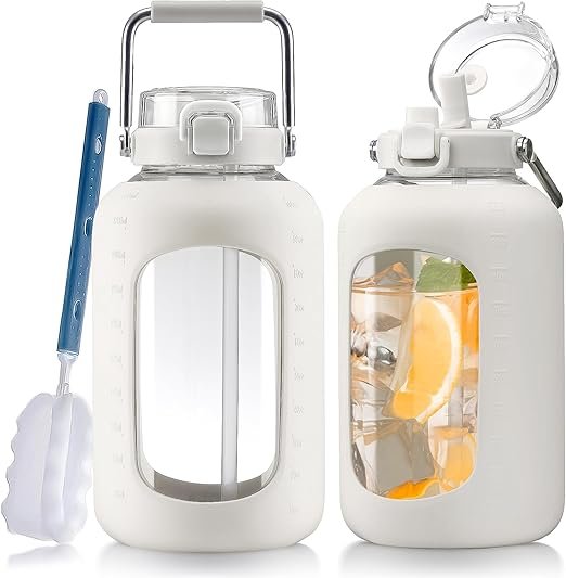 100 oz Gallon Drinking Bottle with 2-in-1 Straw Lid,3 Liter Glass Water Jug with Silicone Sleeve