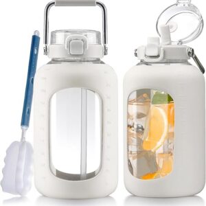 Large Glass Water Bottles with Stainless Steel Handle,100 oz Gallon Drinking Bottle with 2-in-1 Straw Lid,3 Liter Glass Water Jug with Silicone Sleeve