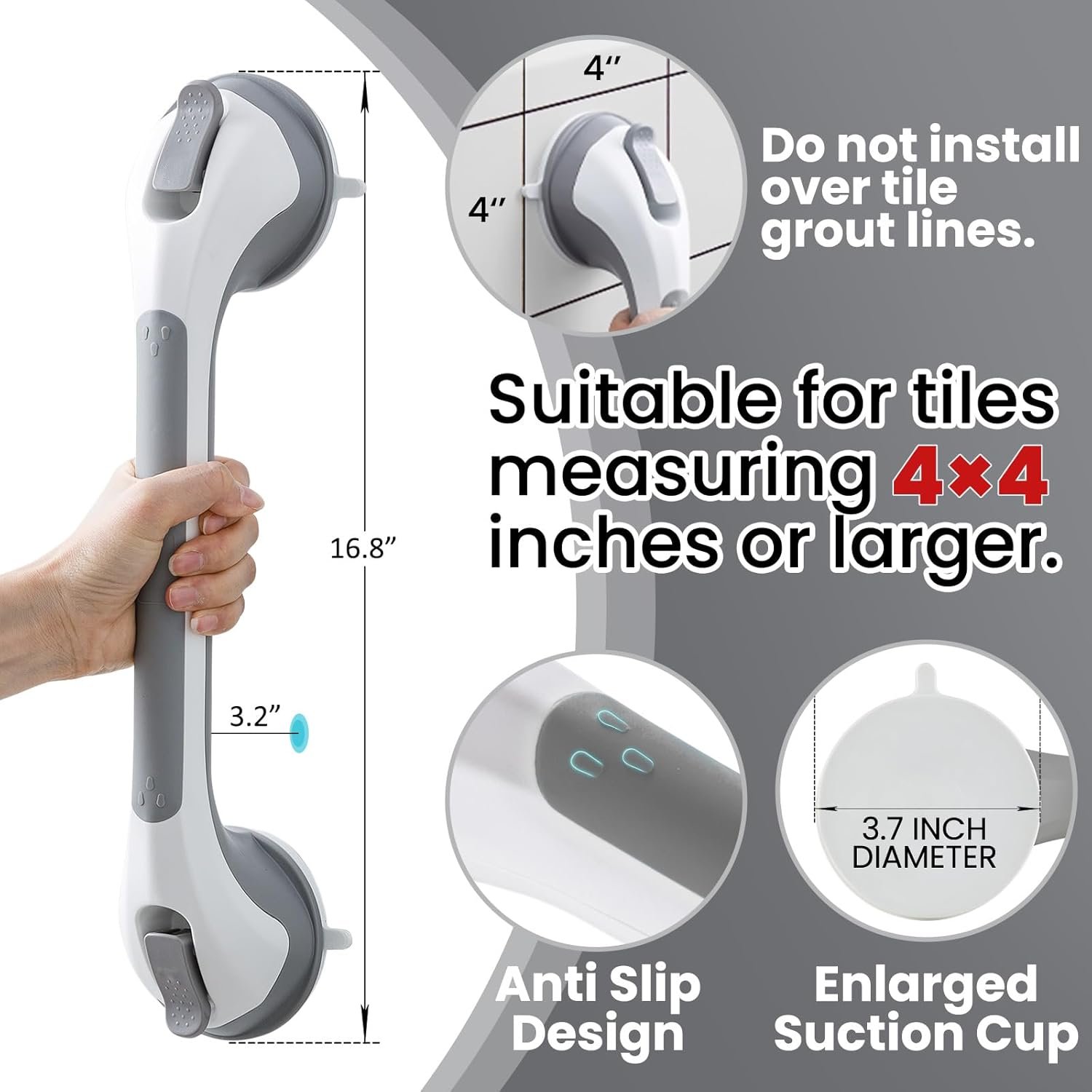 TAILI Grab Bars for Bathtubs and Showers 2 Pack Suction Grab Bar, Heavy Duty Shower Handle Removable Bath Handrails for Seniors and Elderly, Bathroom Safety Grip No Drilling Waterproof,Grey - 图片 4