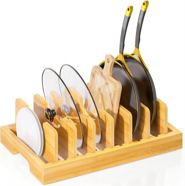 Bamboo Pot and Pan Organizer, Pot Lid Organizer Holder Rack for Countertop Drawer